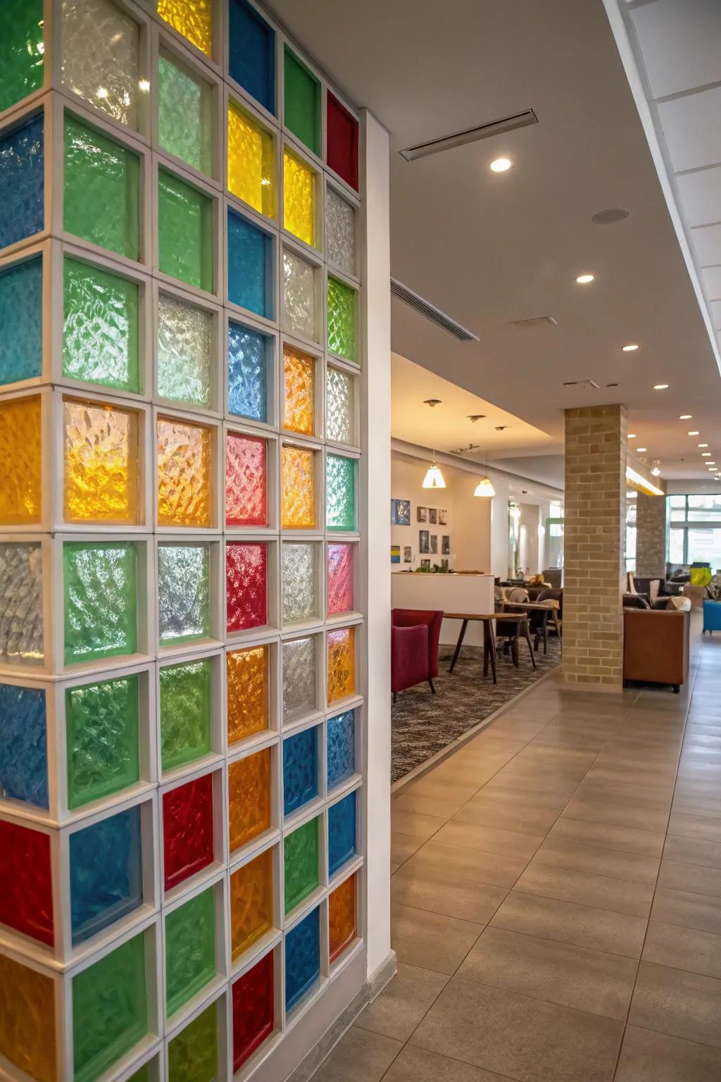 An interior featuring a colorful glass block wall, providing a playful and vibrant accent.