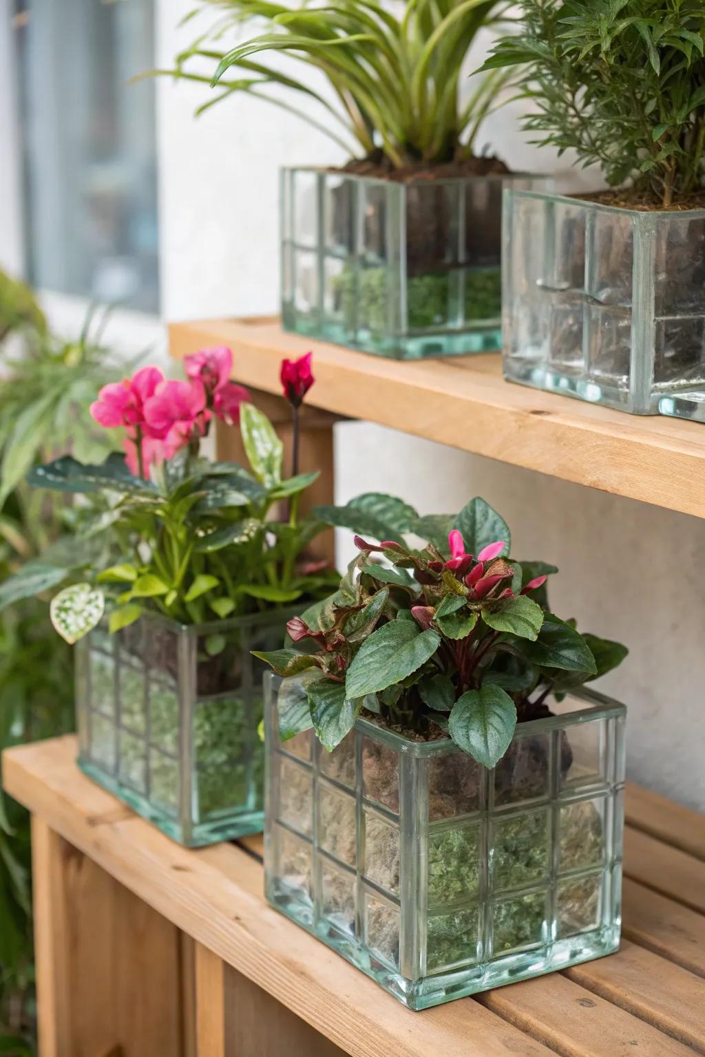 Glass tiles cleverly employed as planters, enriching the decor with plant life.