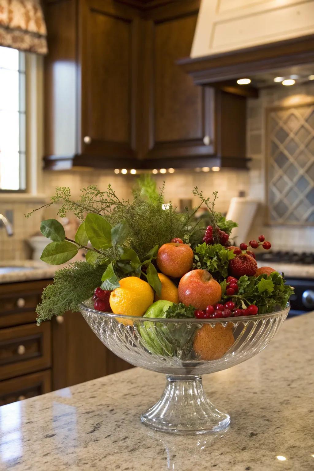 A vivid symphony of berries and greenery displayed within a clear bowl.
