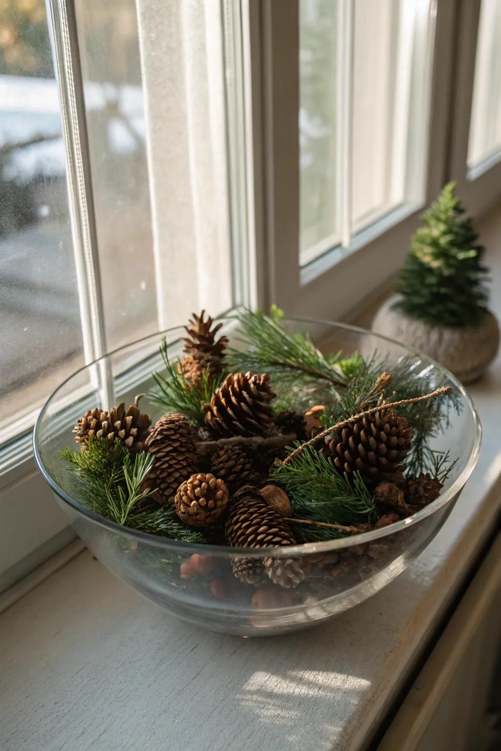 Natural elegance with pinecones and greenery in a glass bowl.