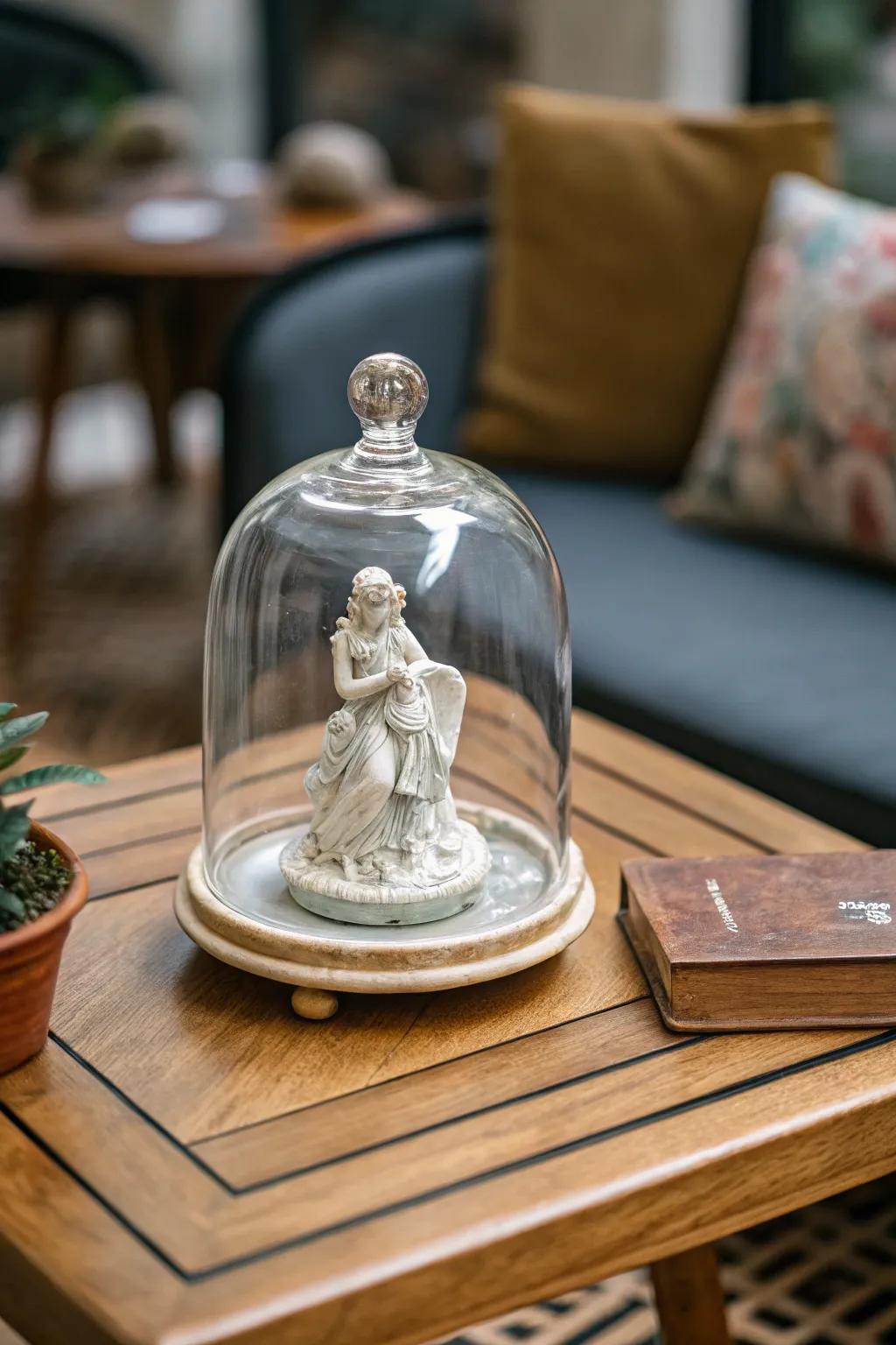 A petite carving transforms into an attention grabber underneath a see-through dome.