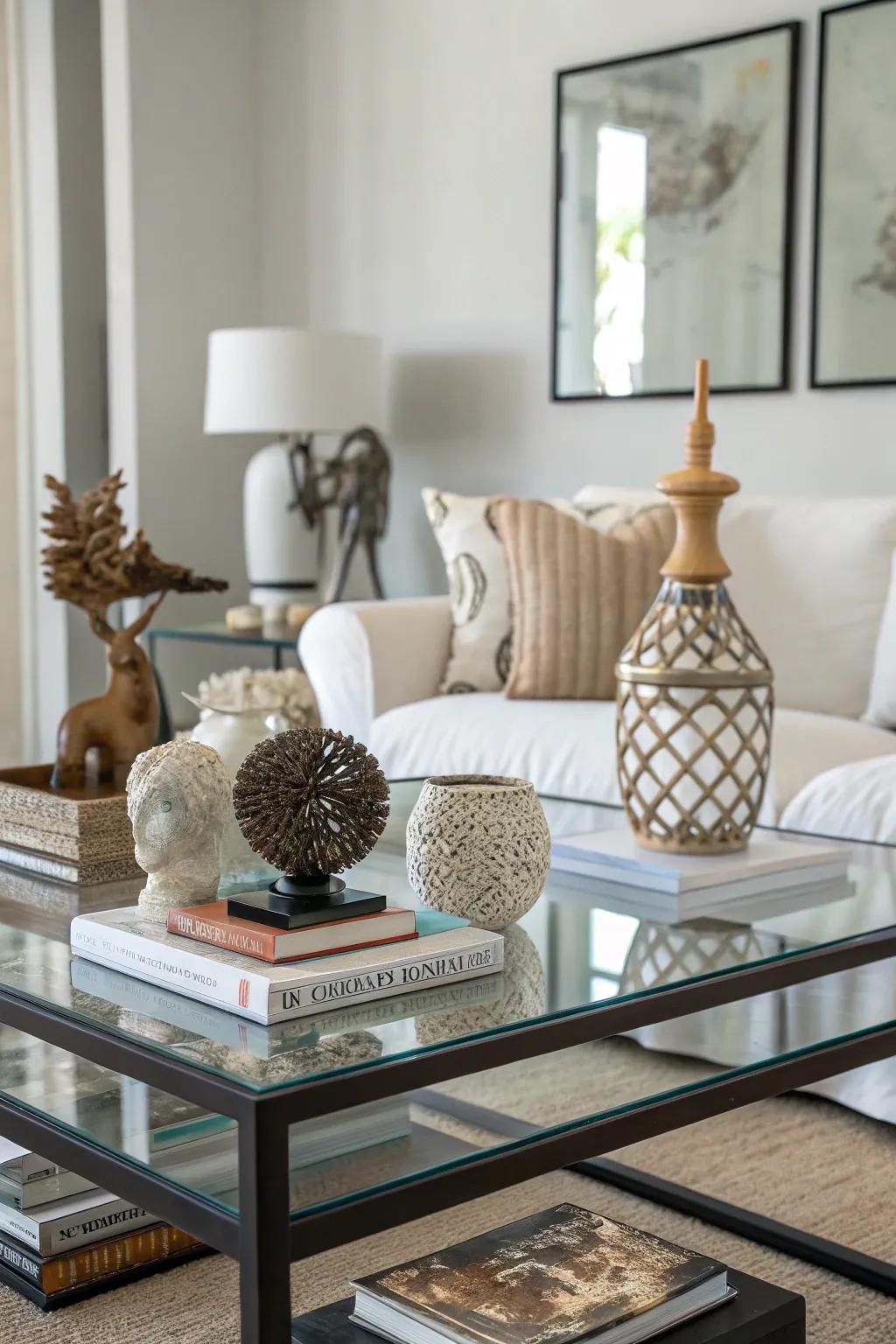 The personal touch of sculptural decor graces this glass coffee table.