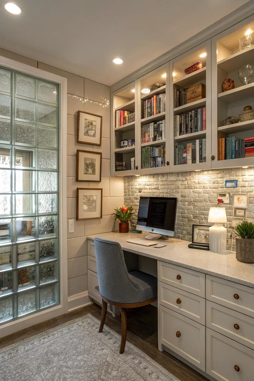 Glass squares in shelving recesses add flair and reflect illumination beautifully.
