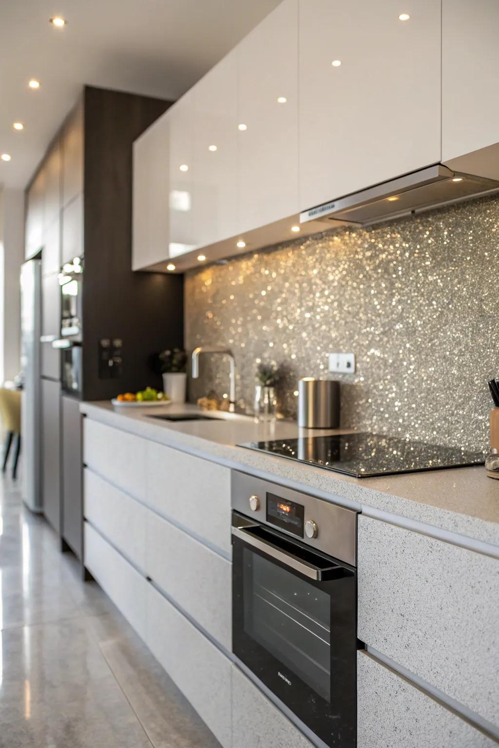 A shimmering feature wall brings radiance to a kitchen.