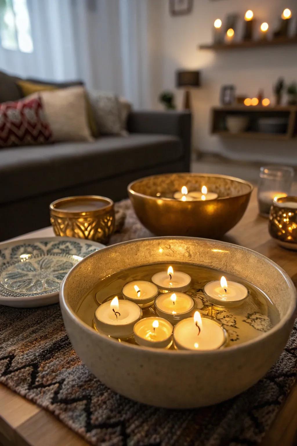 Mesmerizing floating gold candles that captivate the eye.