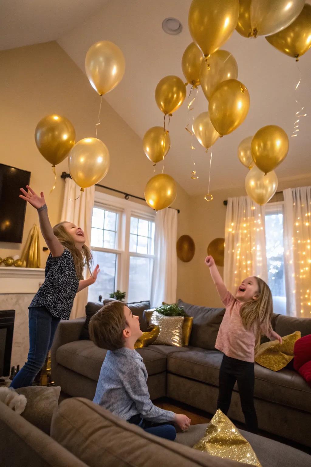 A thrilling balloon drop commences the celebration with pure joy.