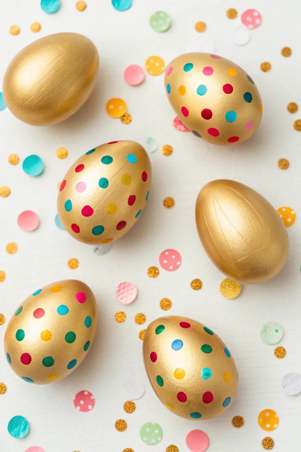 Gilded eggs adorned with a splash of tiny paper accents for a playful Easter vibe.