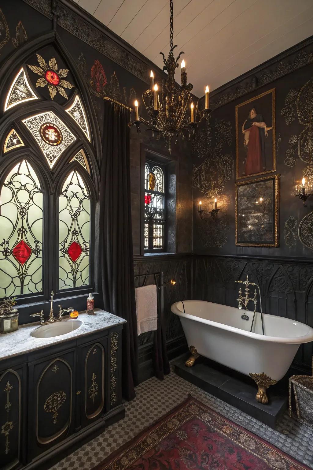Rich decor pieces contribute character and dimension to the gothic bathroom.