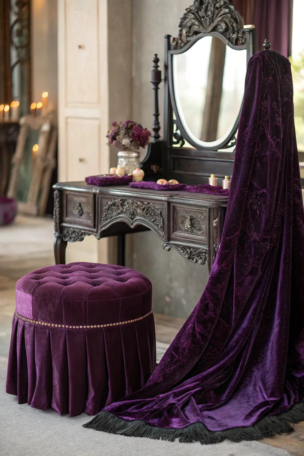 Plush velvet highlights incorporate opulence and dimension to the arrangement.