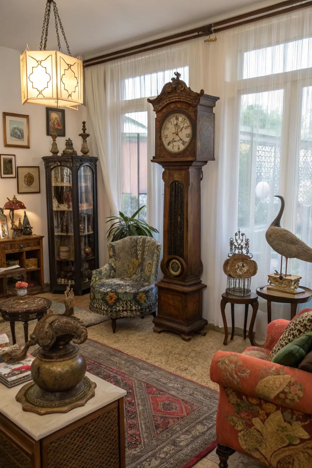 A diverse arrangement including a pendulum timepiece enriches any space.