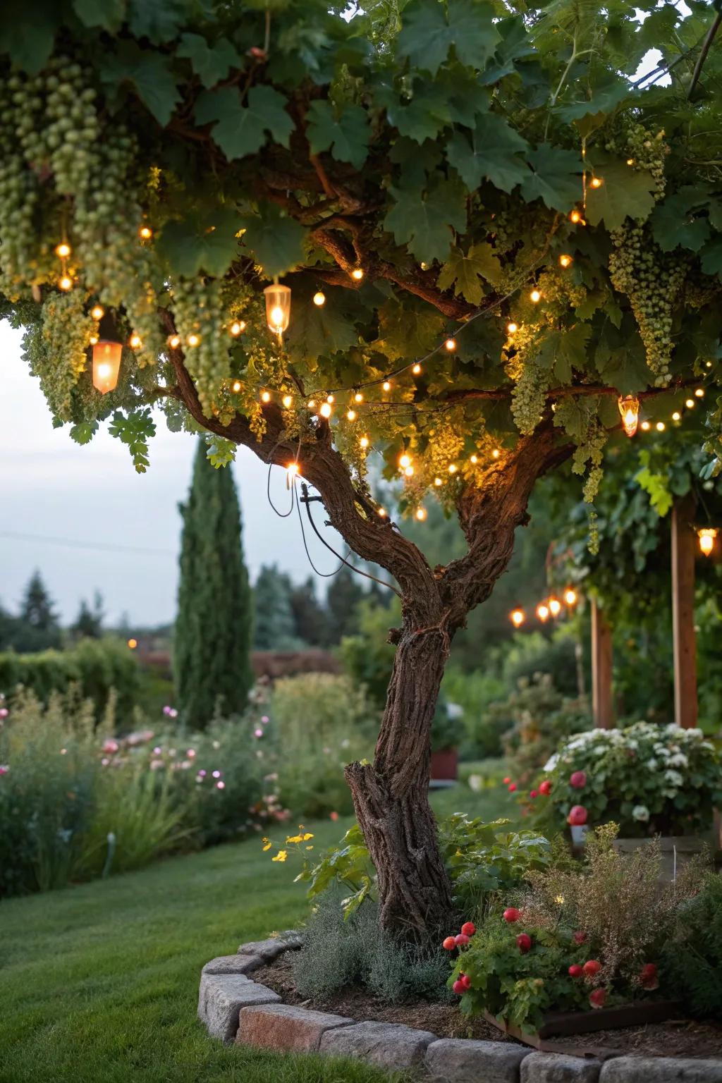 An outdoor grapevine tree adorned with fairy lights, creating a garden oasis.