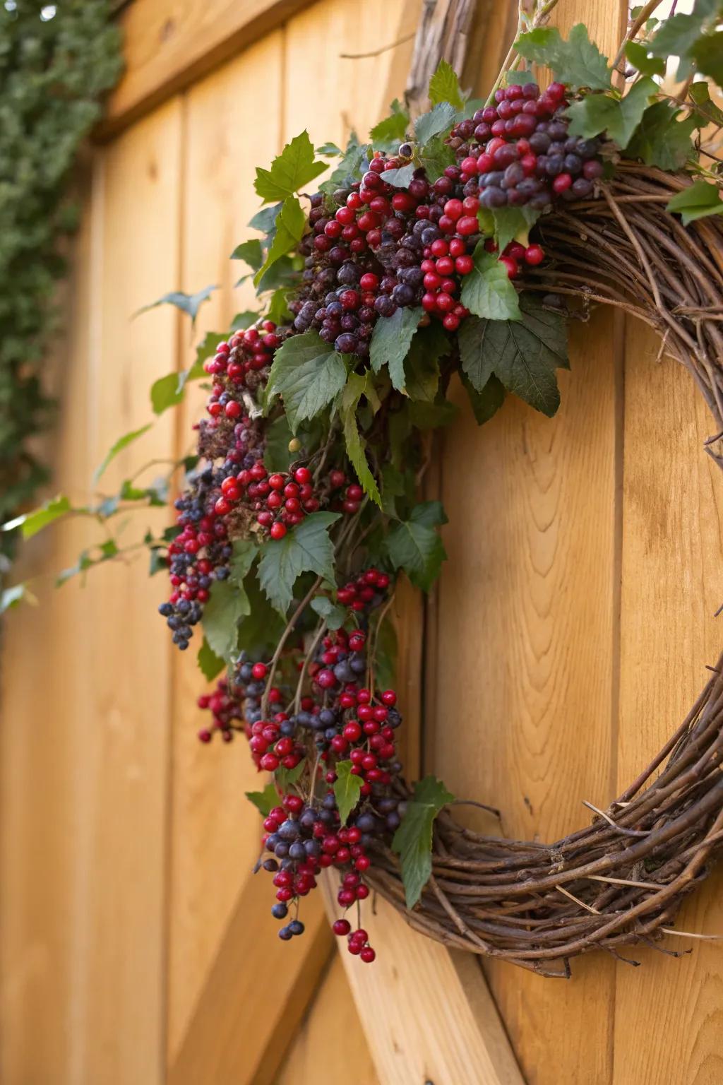 A berry-decorated grapevine wreath with vibrant colors.