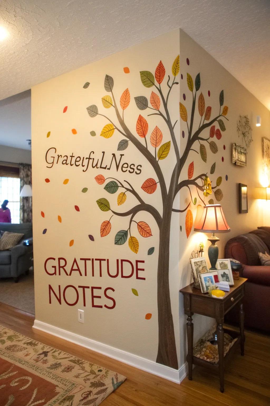 A tree of gratitude featuring leaf-shaped notes.