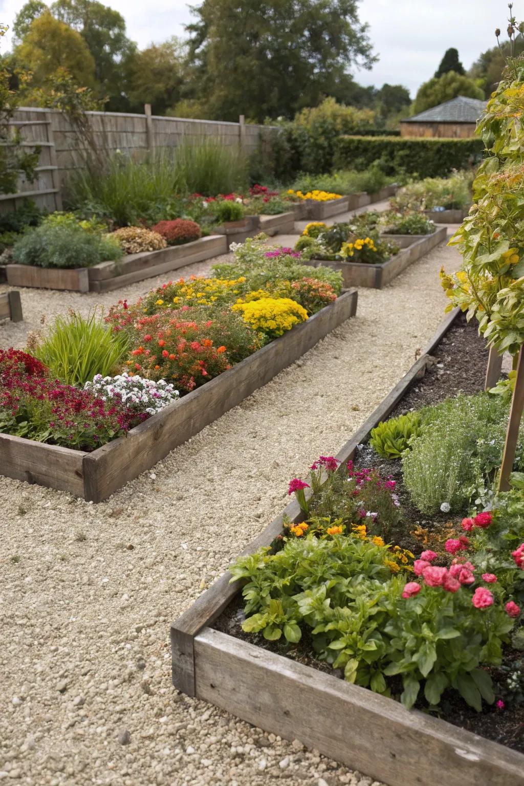 Elevated flower gardens abundant with stone and vibrant plants