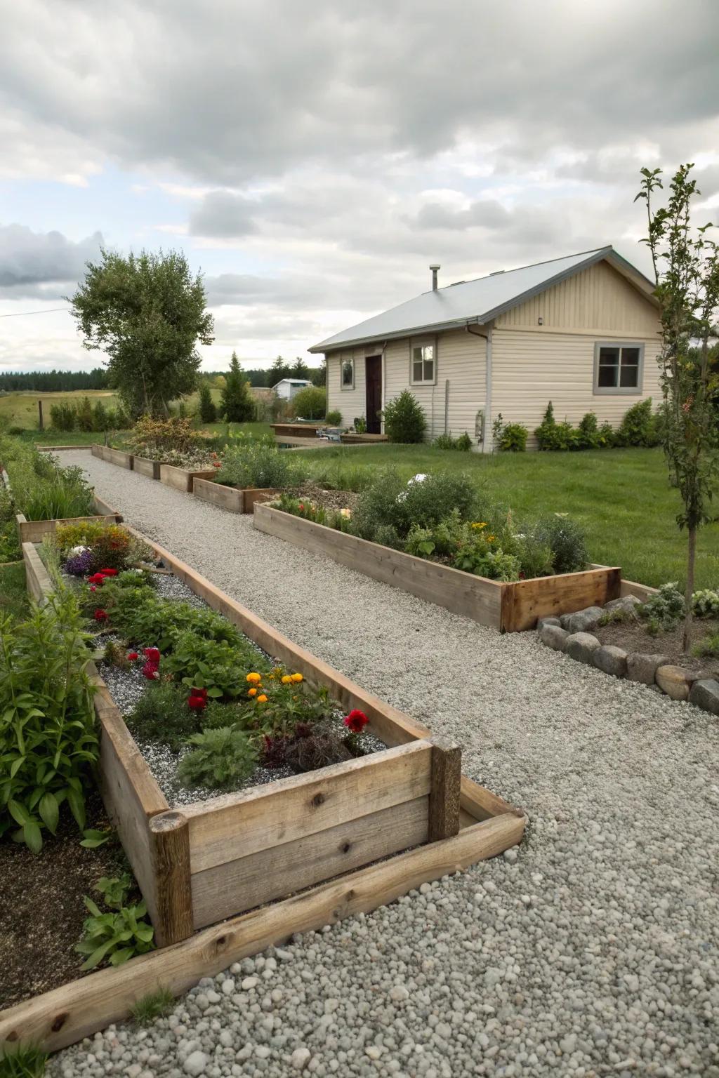 Elevated planter features add dimension to a stone yard.