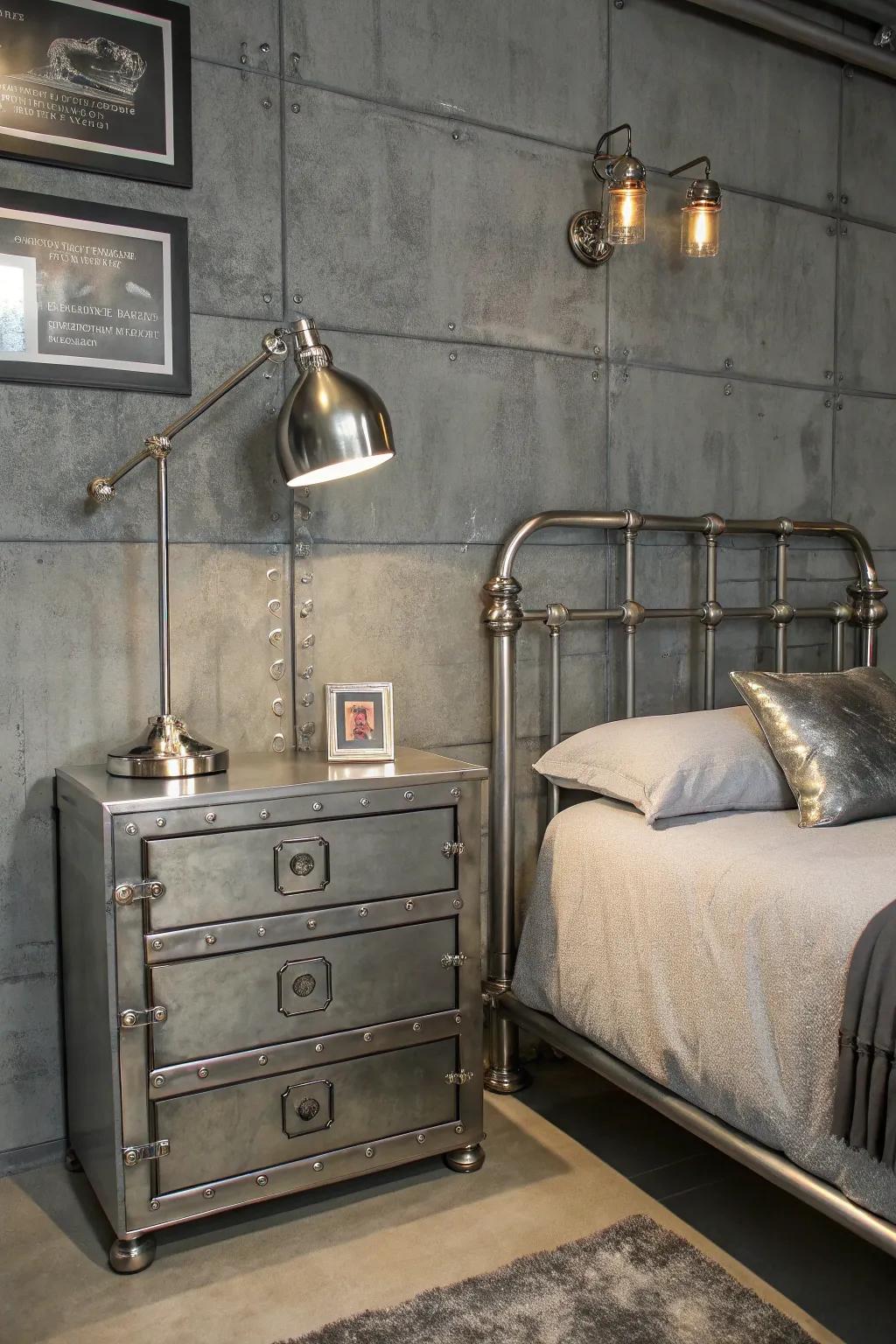 An industrial gray bedroom featuring streamlined metallic accents.