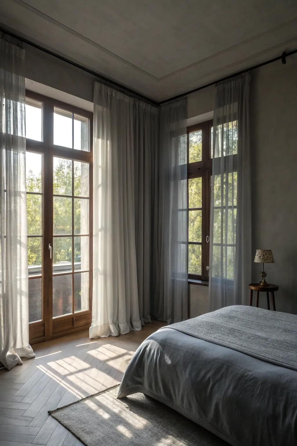 Natural light enriches the soothing atmosphere of a gray bedroom.