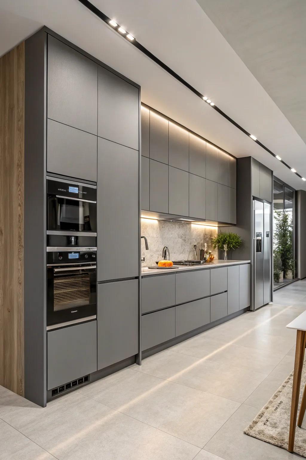 Integrated appliances achieving a seamless integration with gray cabinets.