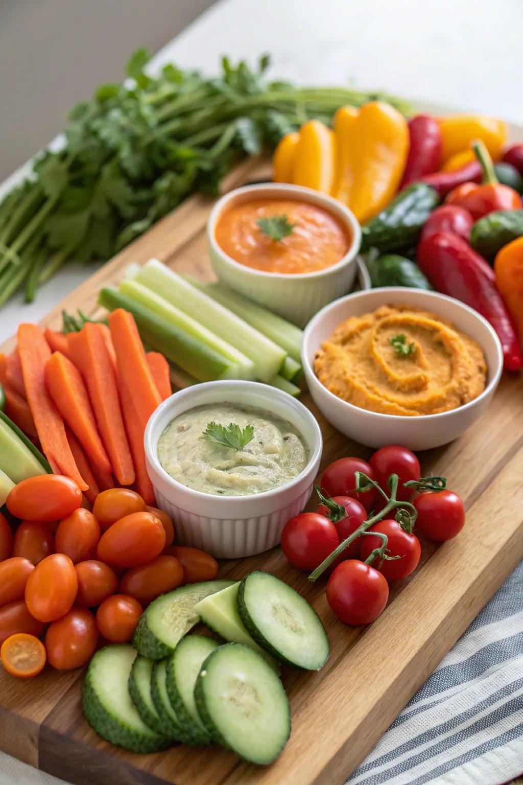 A fresh and wholesome vegetable spectrum with delightful dips.