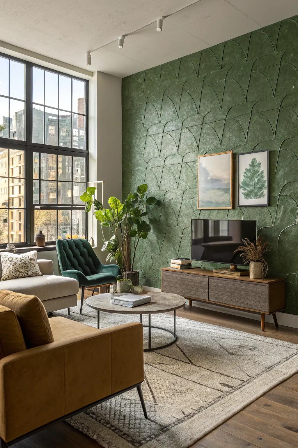 Structured green panels add dimension and depth to this space.