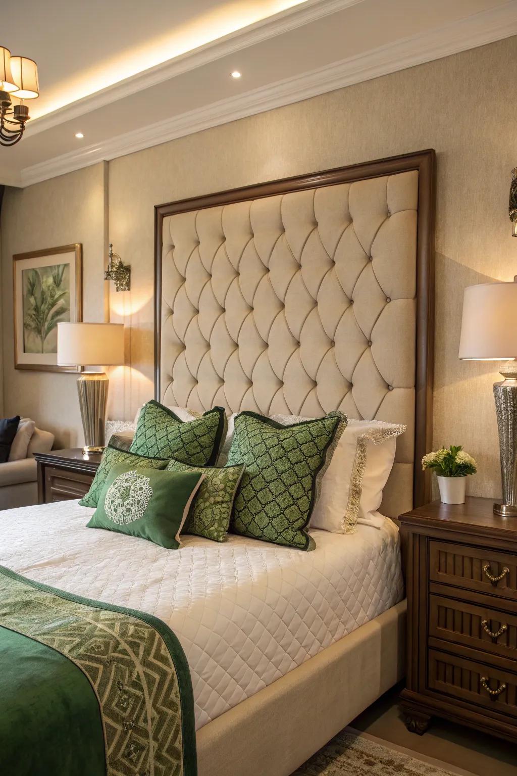 An upholstered headboard adds sophistication.