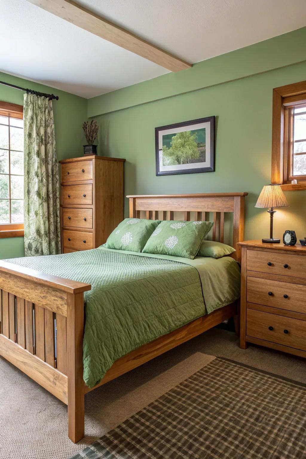 Natural wood elements beautifully enhance the green color palette.