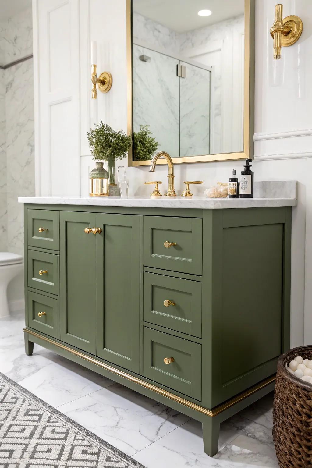 Khaki console contributing a sophisticated touch to the bathroom.