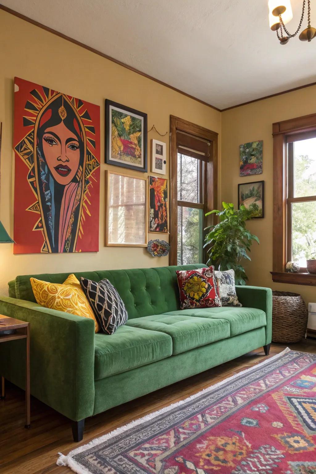 Striking artworks integrate perfectly with a verdant couch, making a dramatic impression.