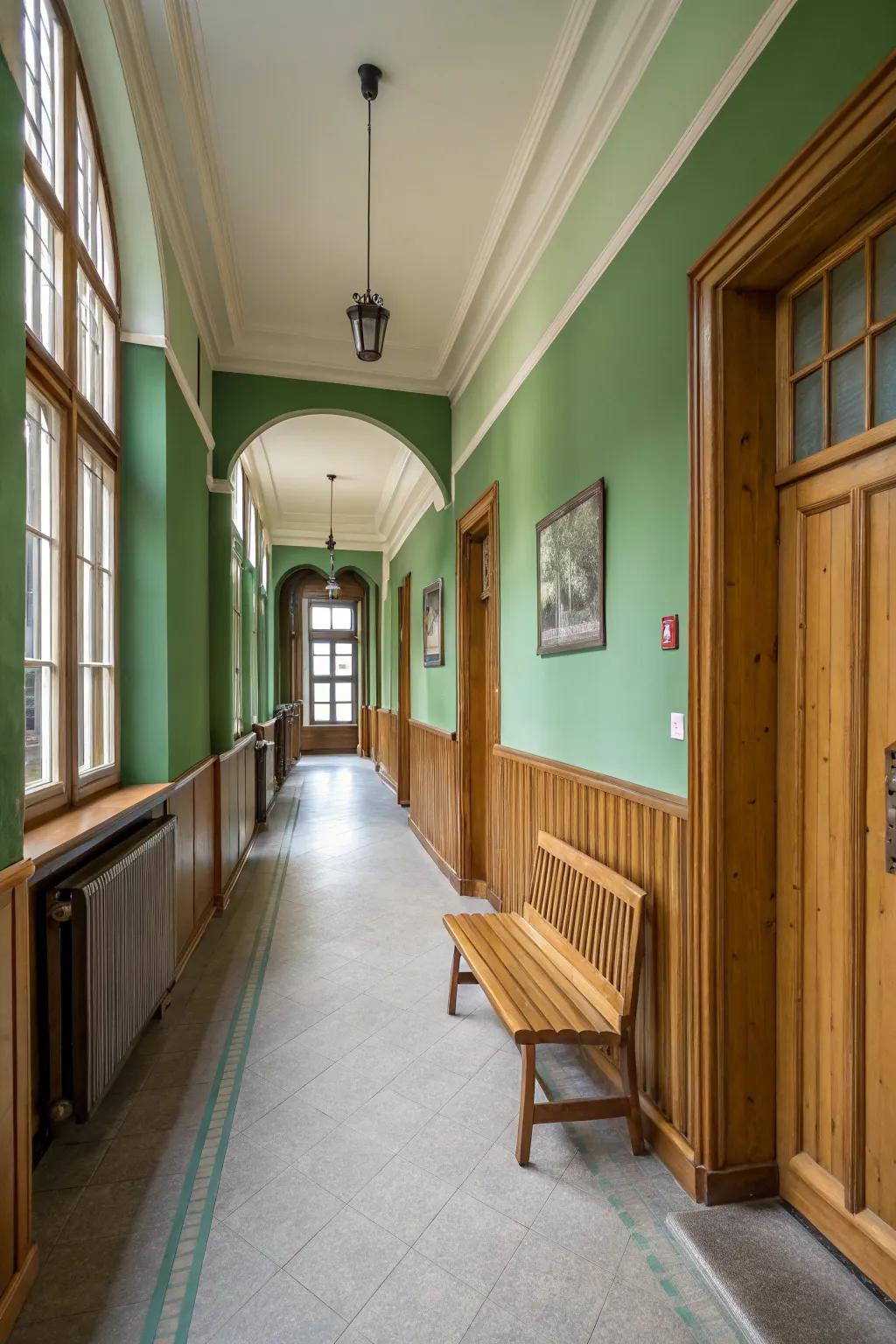 Natural wood elements provide warmth in this green hallway.