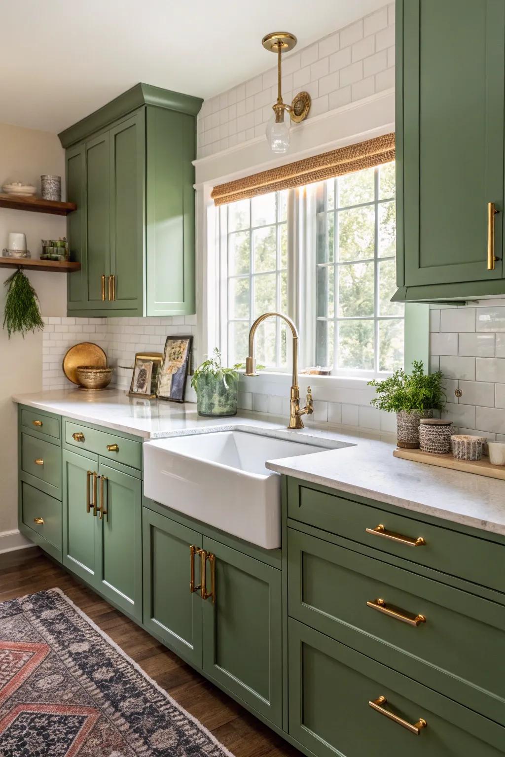 Brass fixtures radiate a luxurious glow throughout a green kitchen.