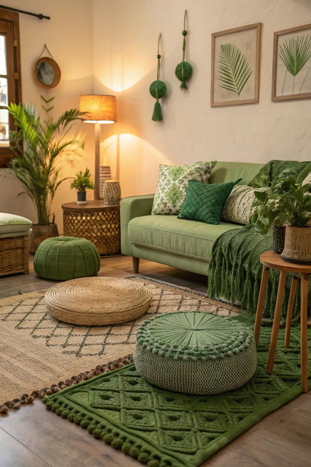 Varied decor contributes dimension and comfort to this green living space.