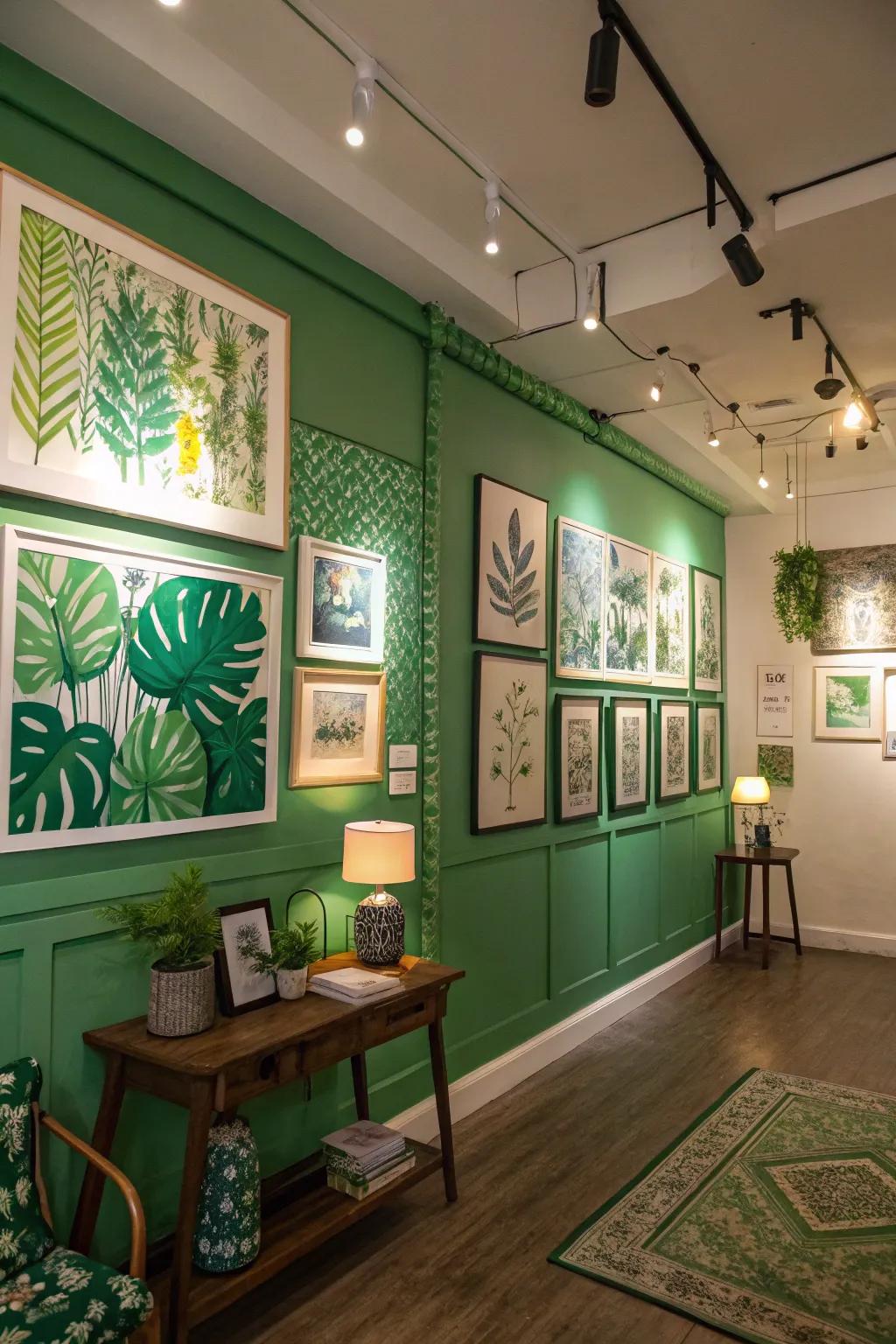 Landscape-inspired green artwork fosters balance in the décor.
