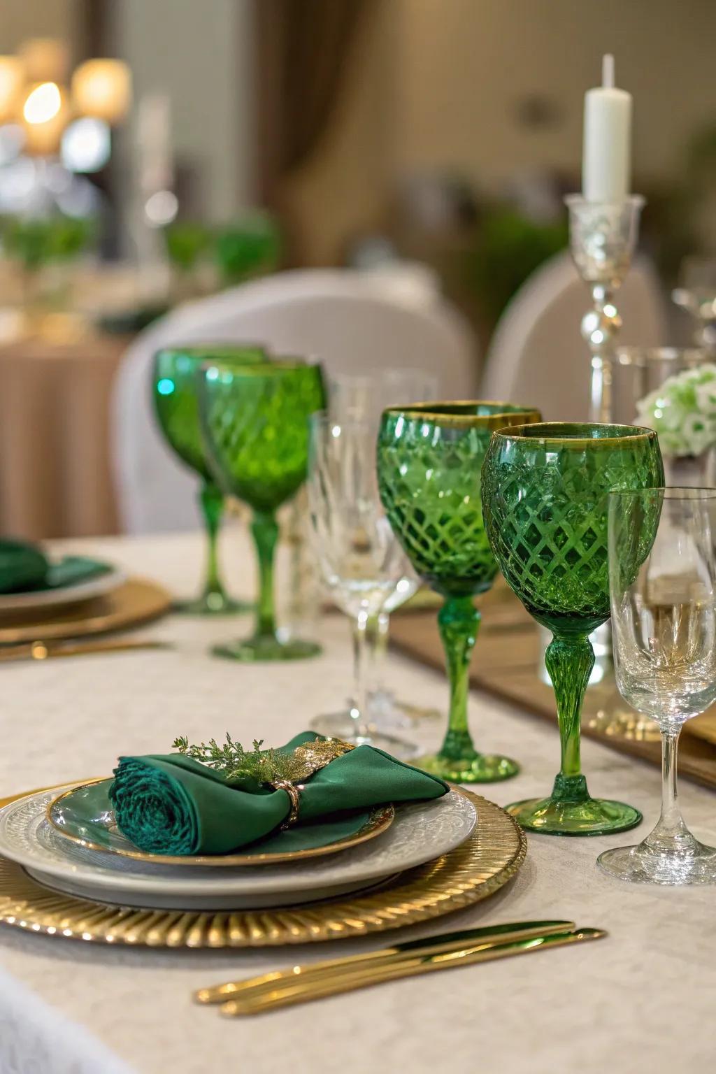 Emerald-tinged glasses introducing unique charm to the table.