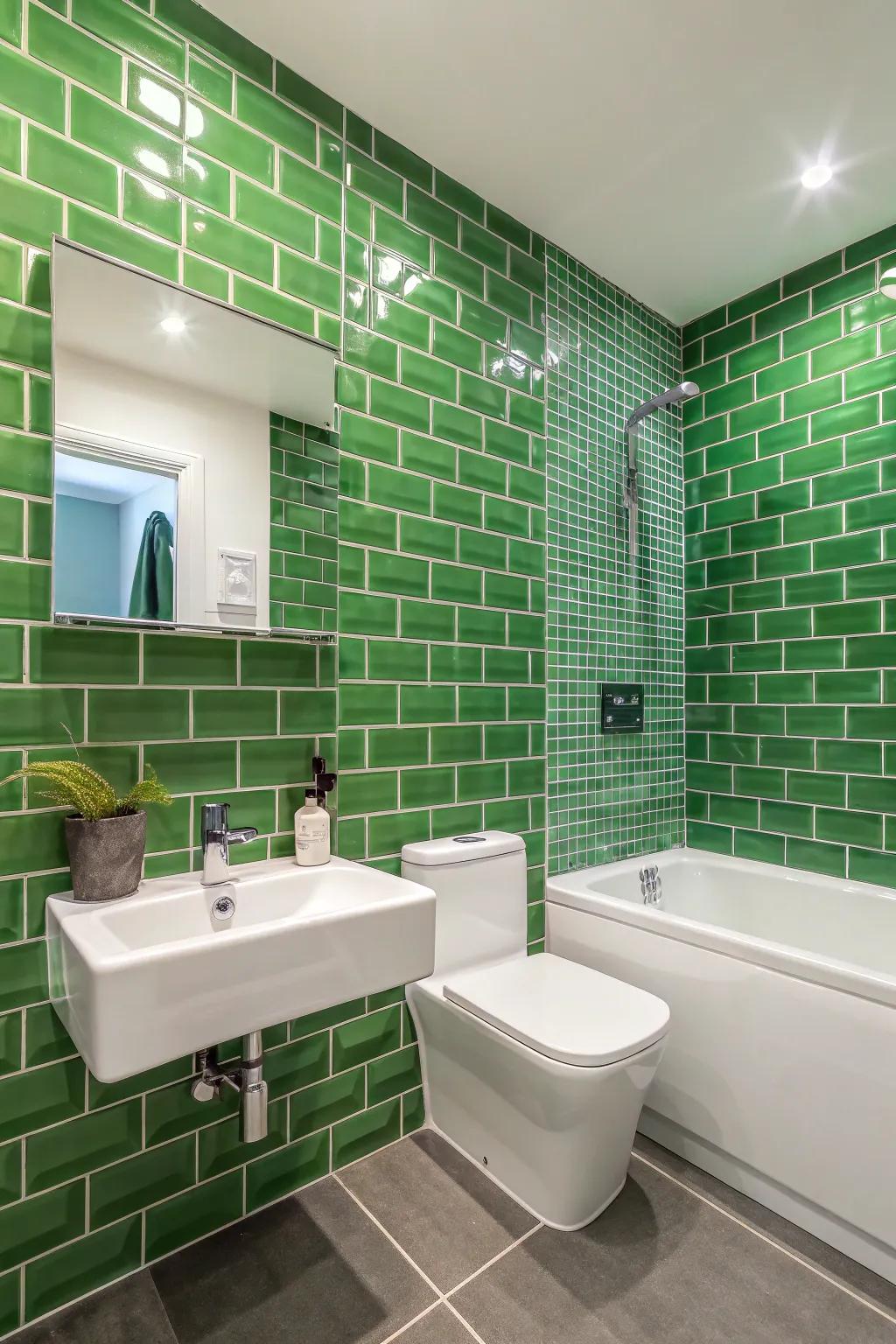 A green tile accent wall injects a daring focal point.