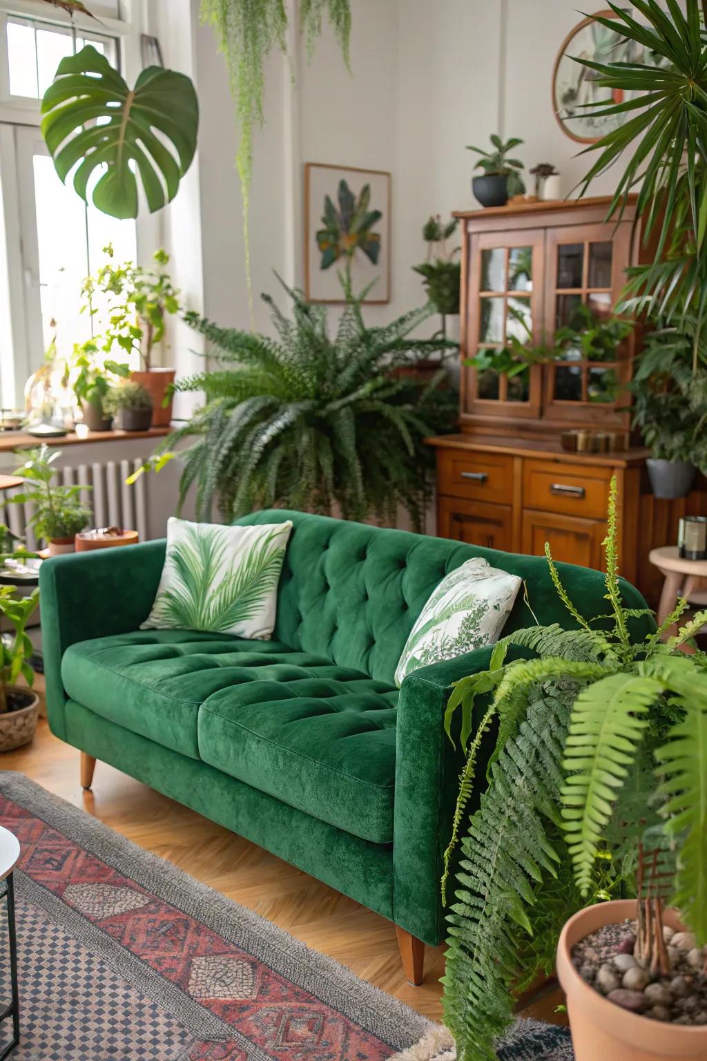 A vibrant living room with a forest-toned plush sofa and rich indoor plants.