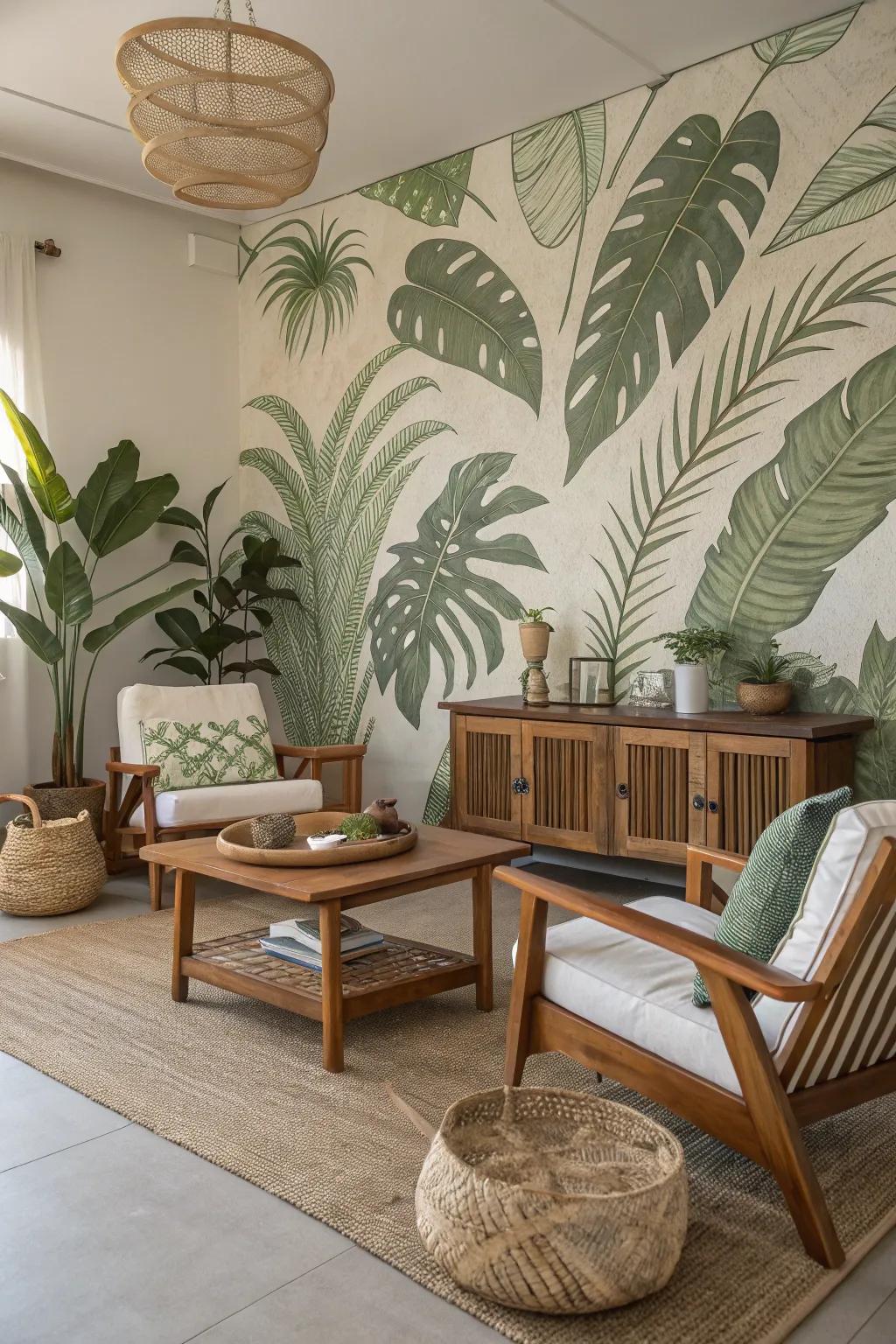 A green wall mural brings nature indoors, creating a serene atmosphere.