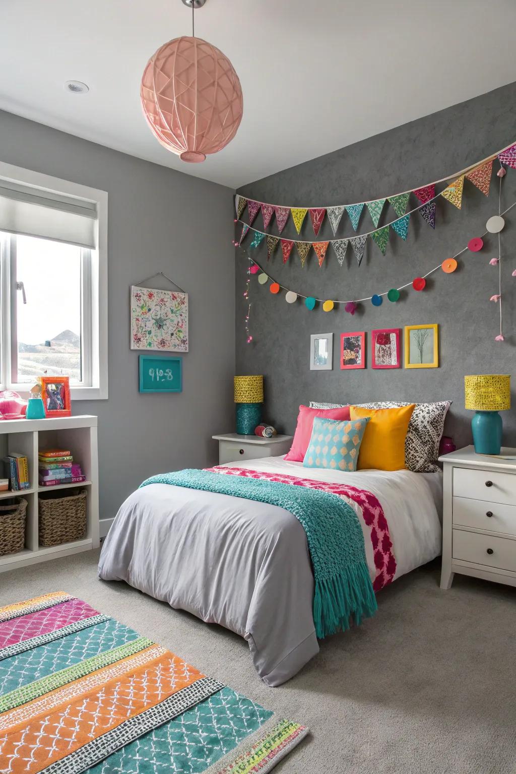 A dynamic bedroom showcasing a grey feature wall punctuated by bursts of color.