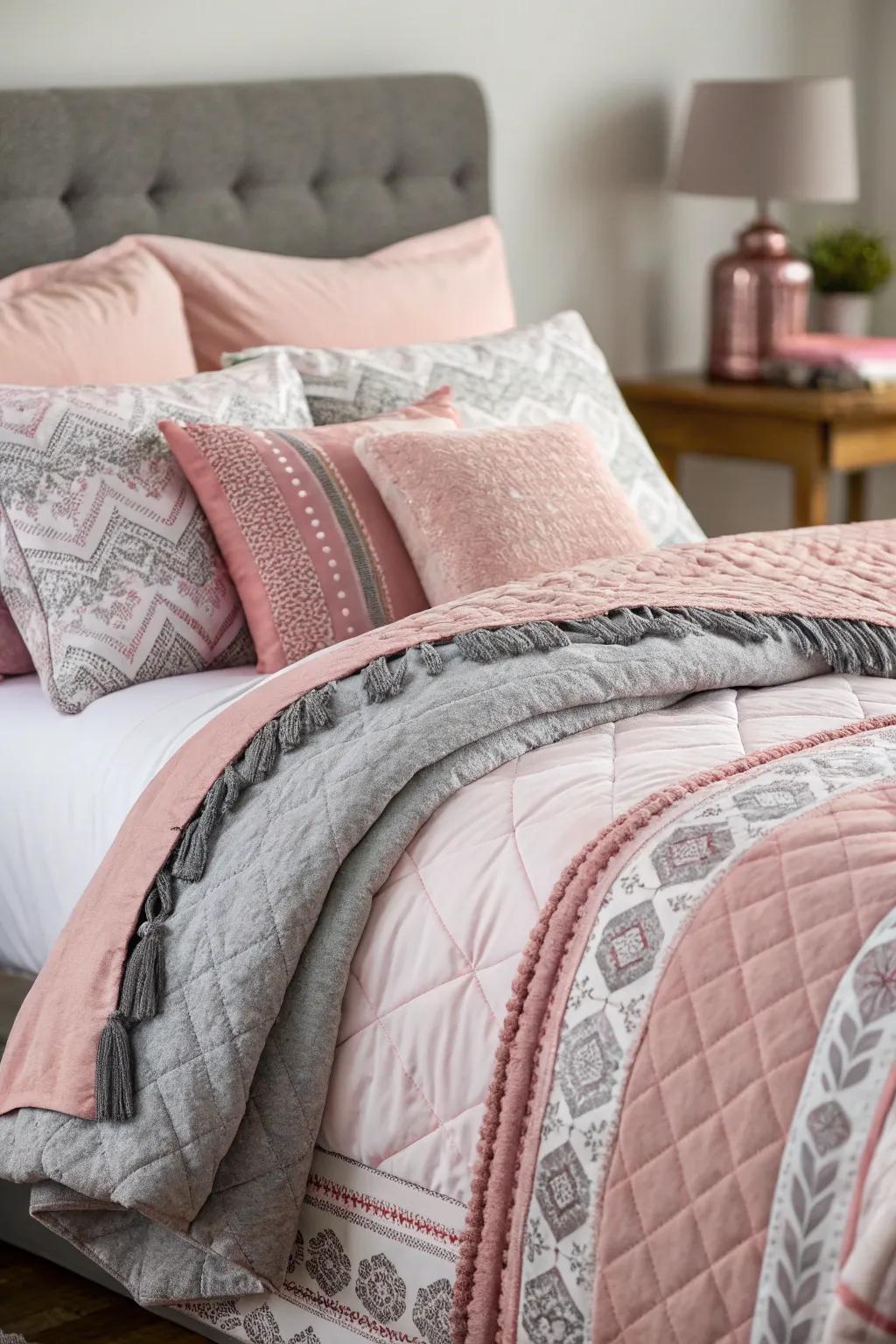 Mixing pink and grey linens creates a balanced mix.