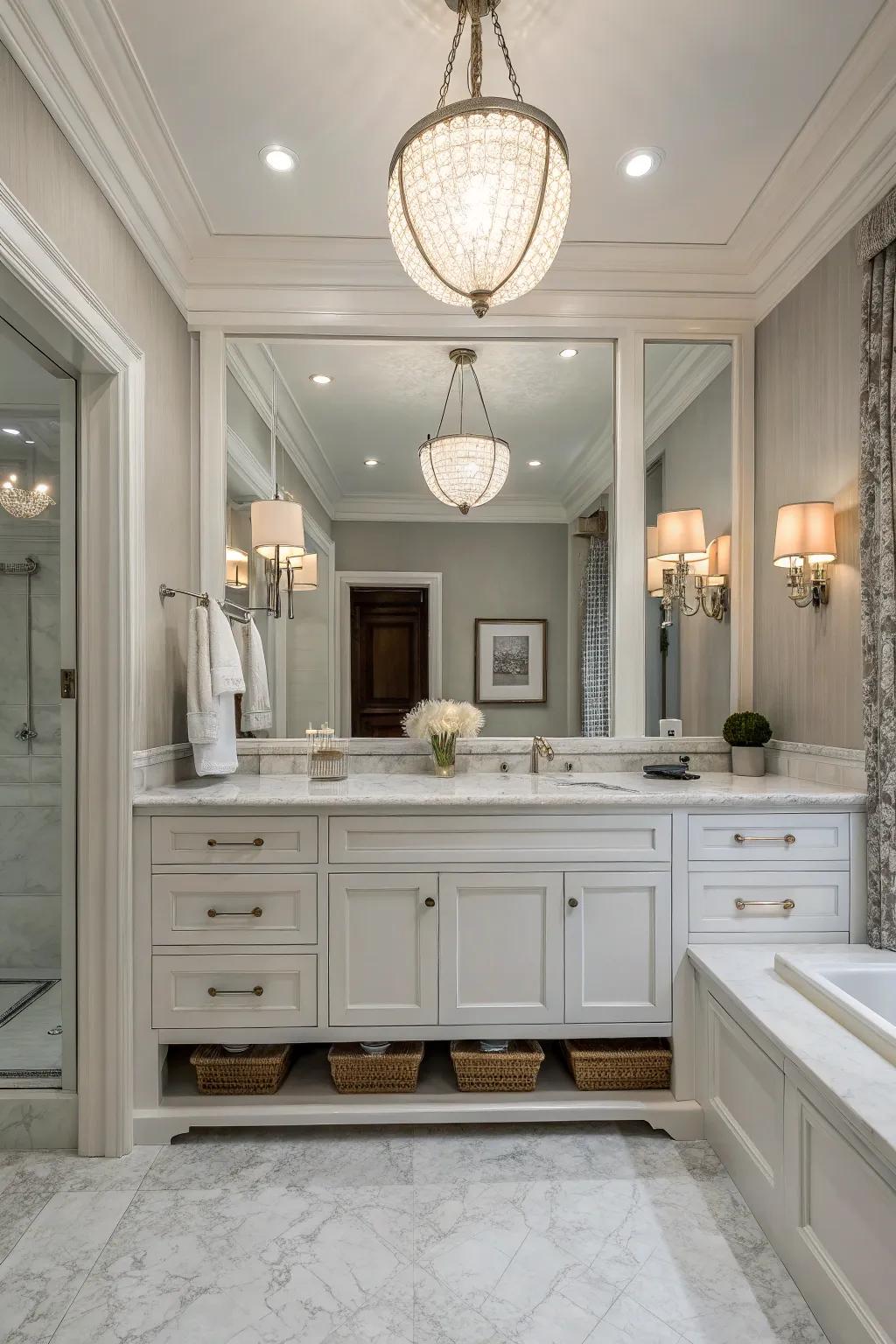 Mirrors and lighting unite to bring style and practicality to the bathroom.