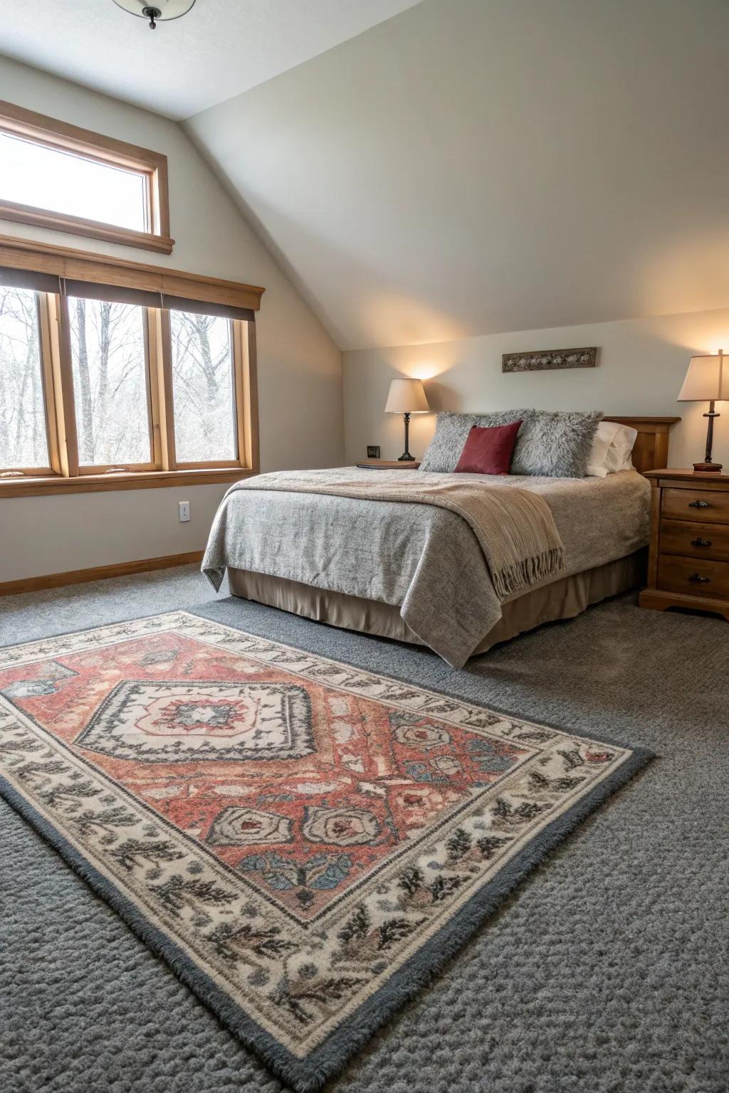 Subtle patterns contribute visual interest to the ash-toned floor covering bedroom.