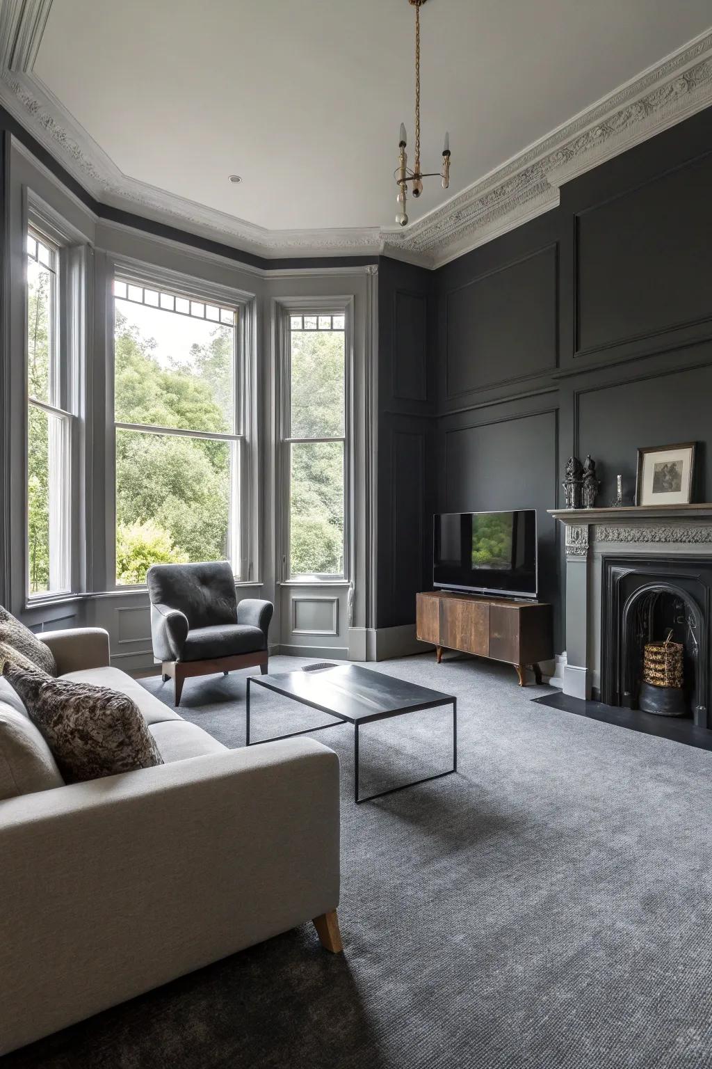 Anthracite walls add depth and drama to spaces with grey carpet.
