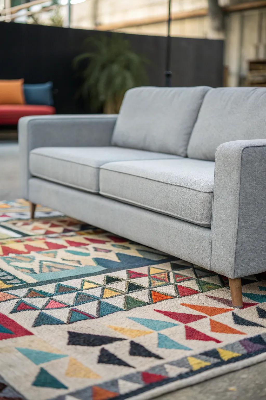 A gray sofa grounded using a striking patterned floor covering.