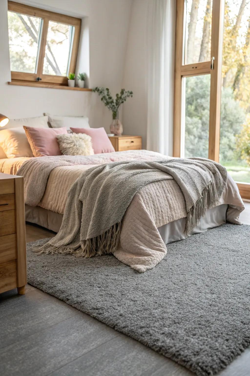 Grey carpet creates a calm and inviting atmosphere in this bedroom.