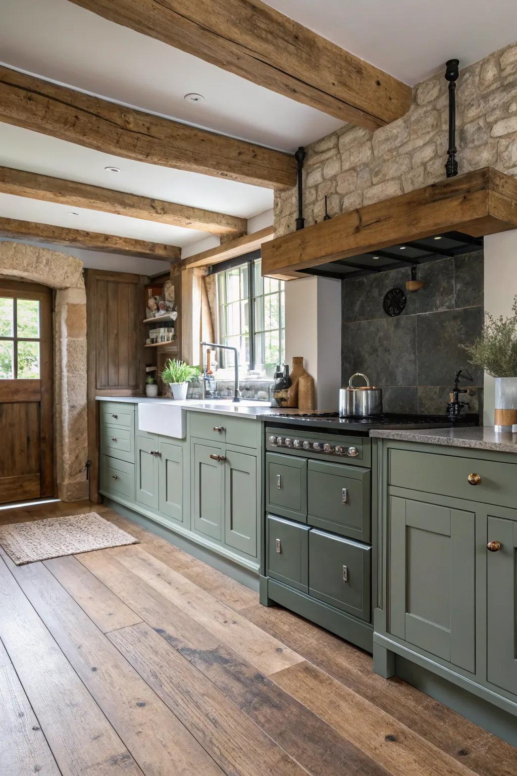 Rustic timber flooring enhances the modern look of grey-green cabinets.