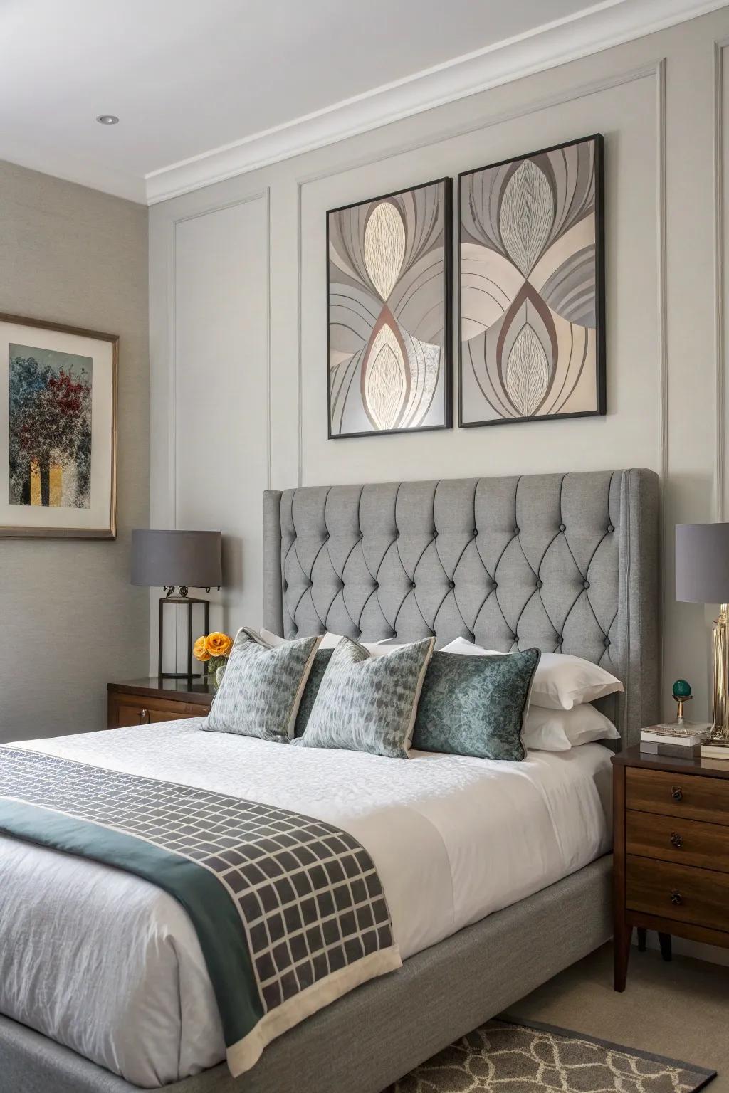 An artistic addition above a grey headboard with abstract wall art.
