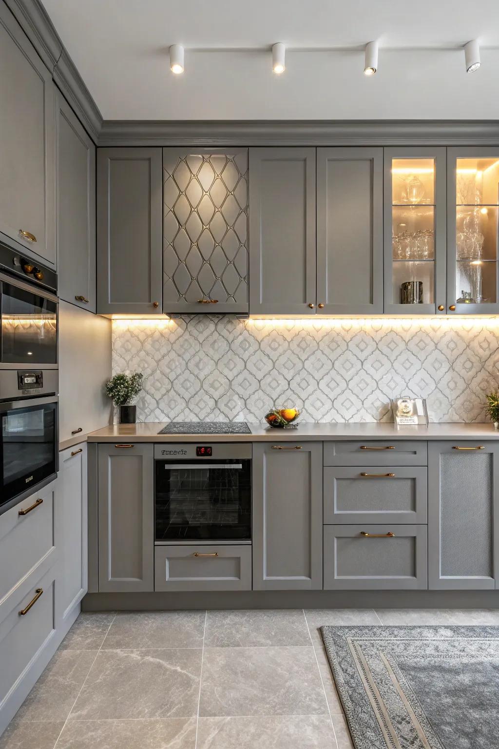 Textured features give depth and character to a grey kitchen.
