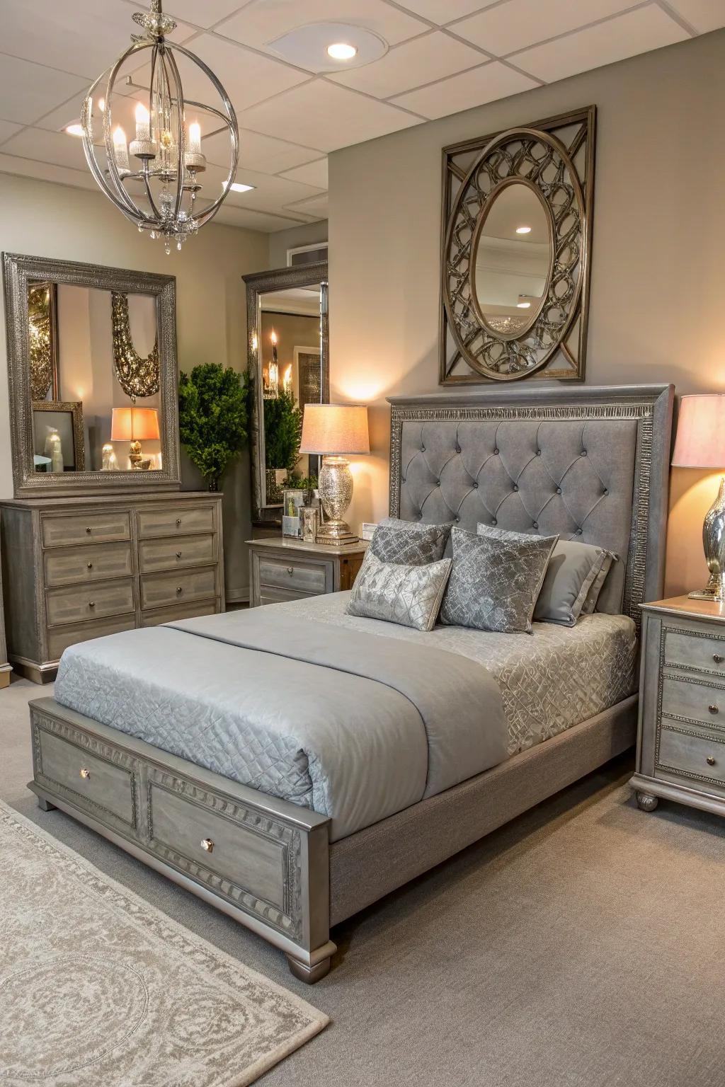 Metallic accents add a touch of luxury to grey furniture.