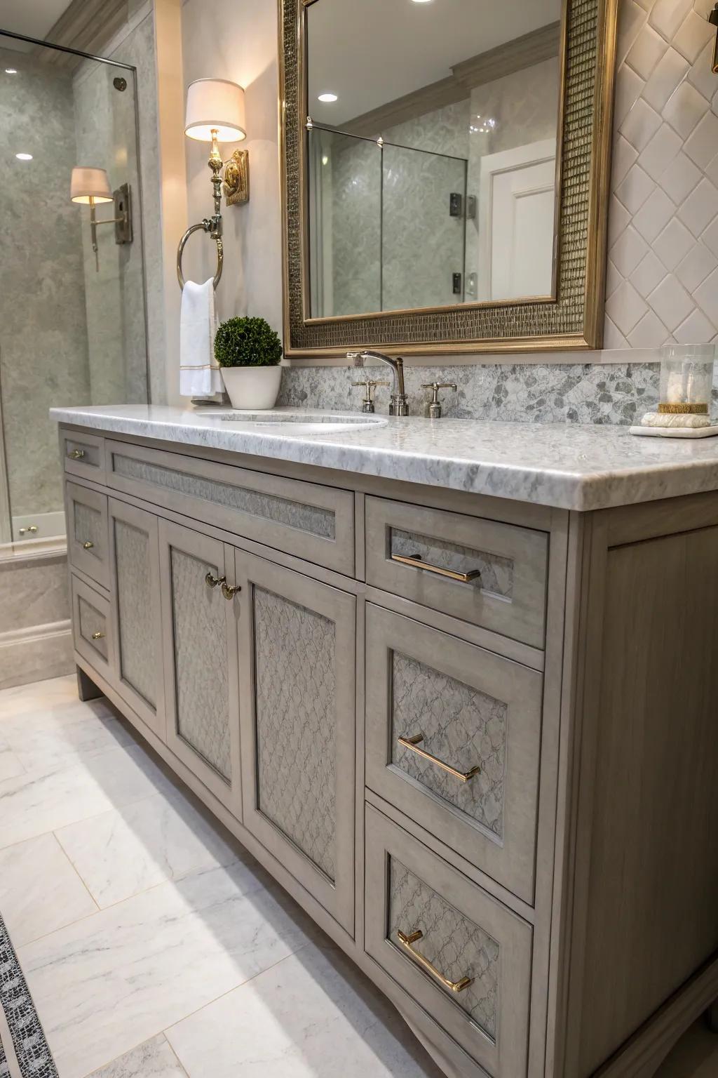 Contrasting textures establish a sophisticated style in this grey vanity bathroom.