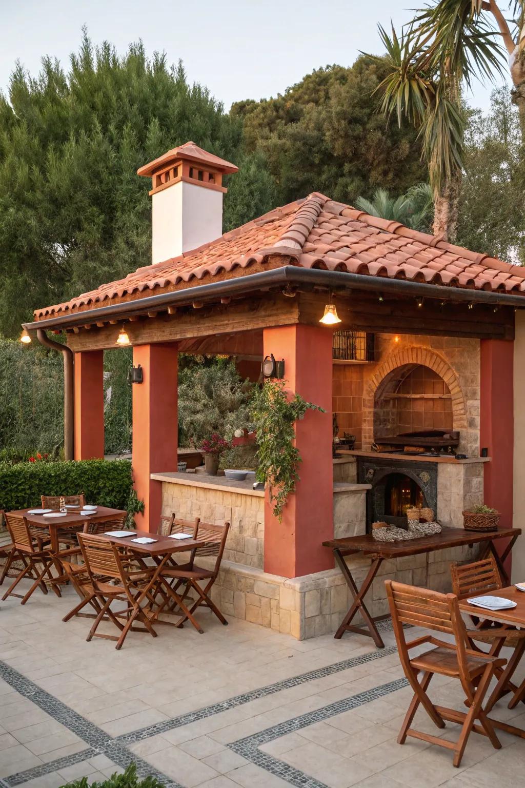 A Mediterranean-themed grill hut featuring warm shades and terracotta accents.