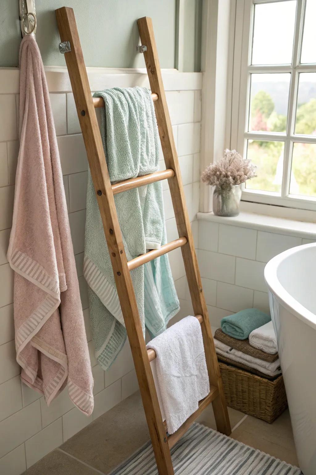 A ladder rack introduces rustic charm into your bathroom.